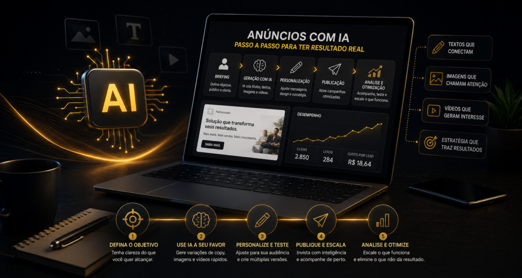 Imagem Mostrando uma tela de Inteligencia artificial criando anúncios em canais diferentes para acelerar vendas