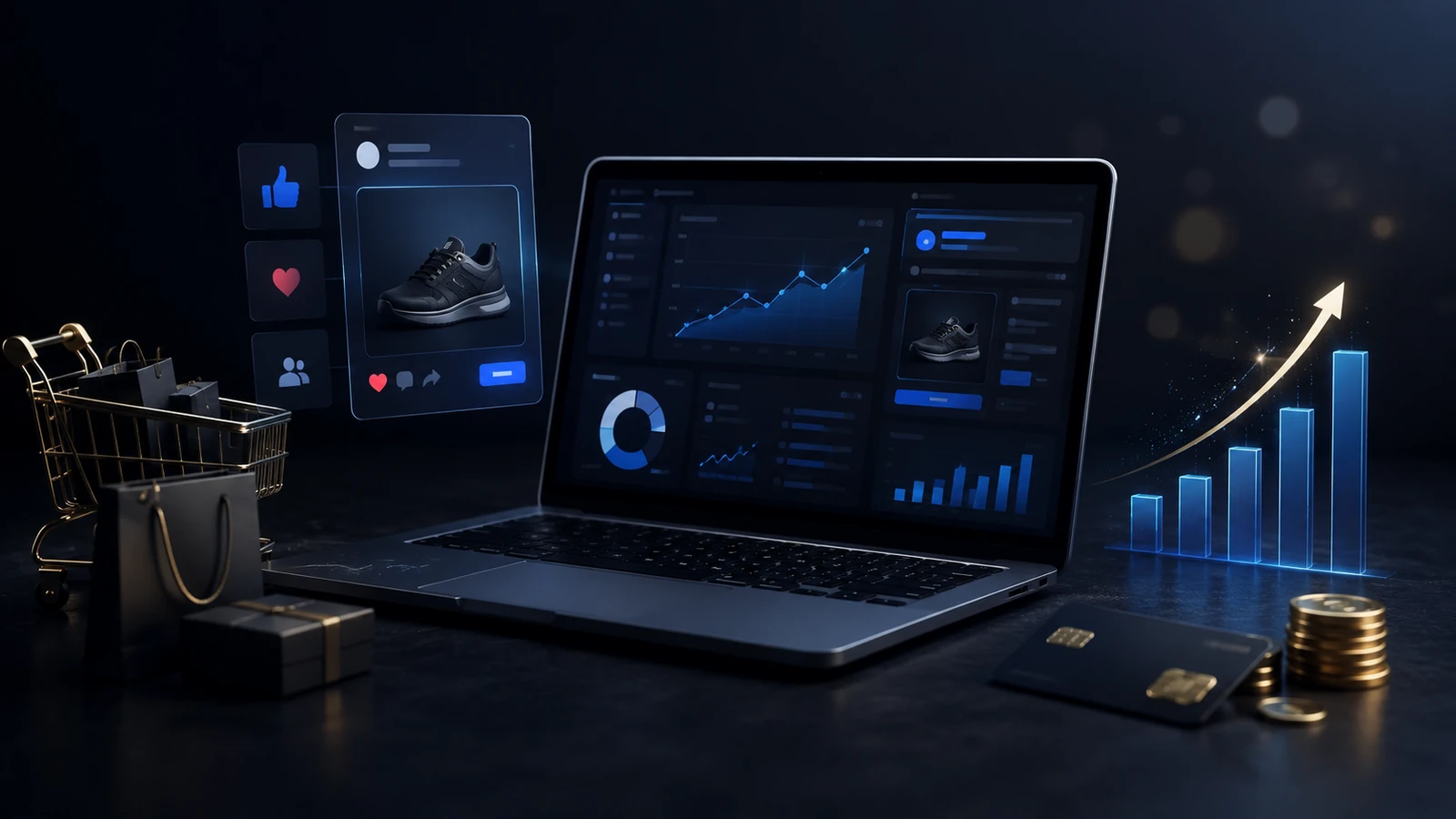 Painel de tráfego pago e vendas online com gráfico de crescimento