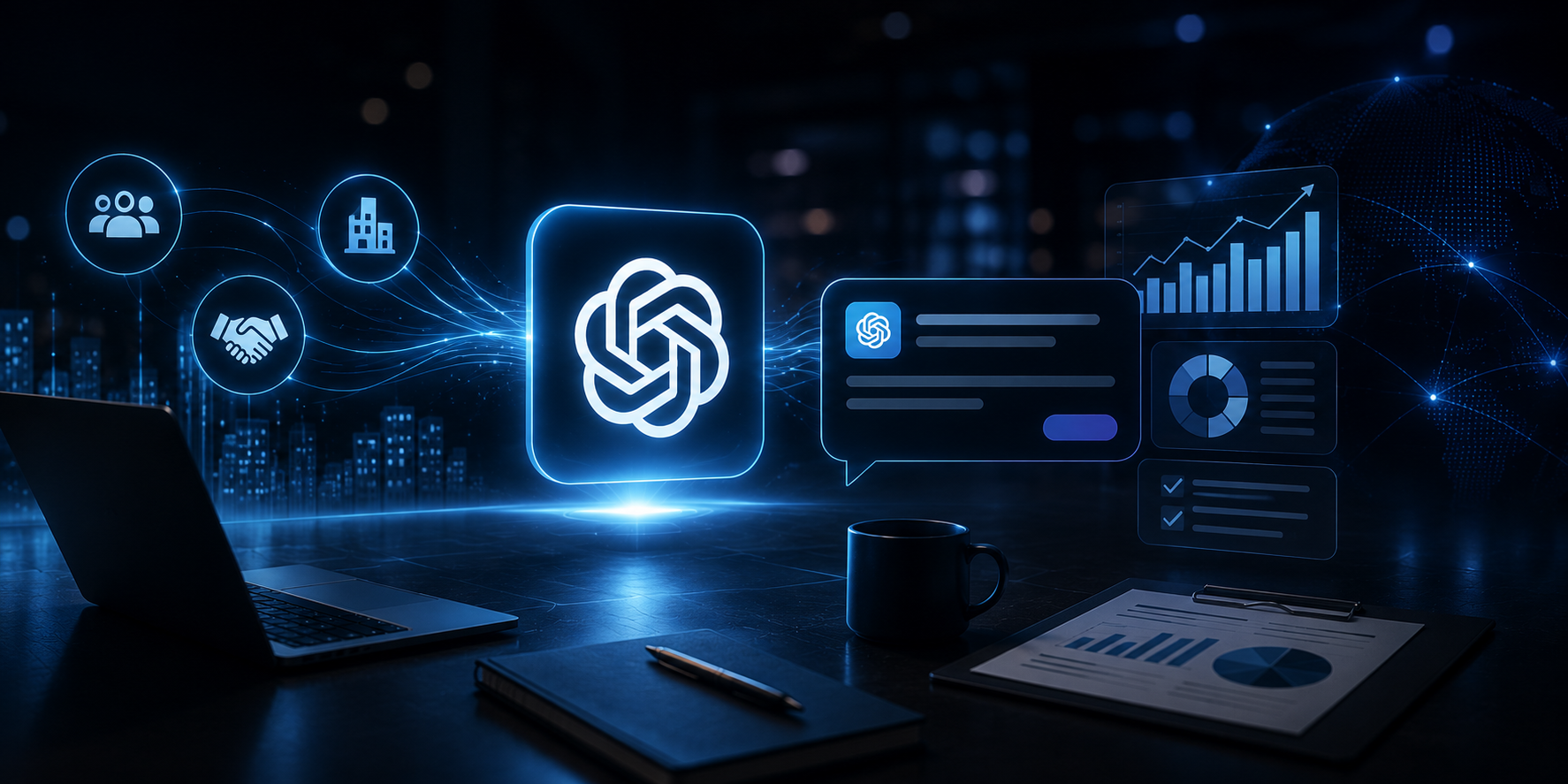 Símbolo do chatGPT se conectando com imagens que representam anúncios e empresas.