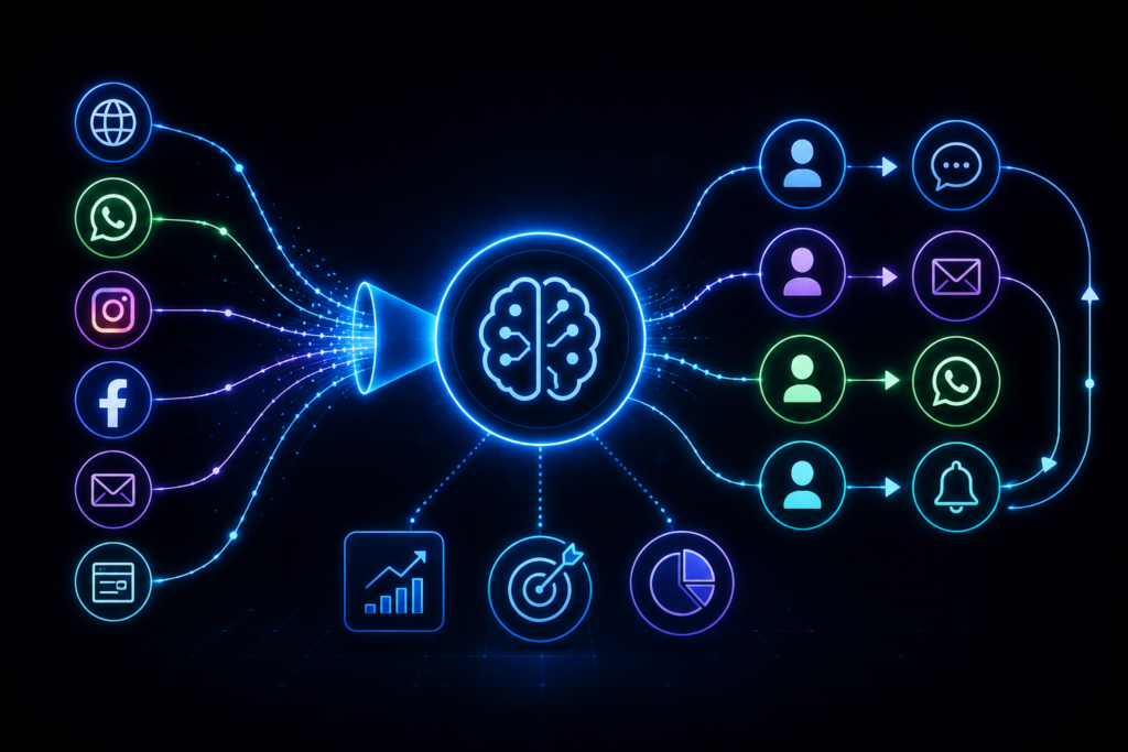 Ícones mostrando canais digitais como whatsapp, facebook, instagram e outros, conectados a um funil que representa um CRM, sistema de gestão de clientes