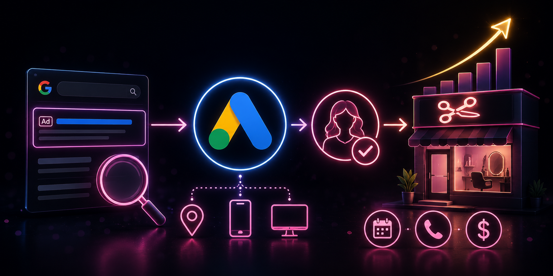 ícone de anúncio do Google Ads, Conectado à uma tela de pesquisa do Google que leva para uma imagem de salão de beleza, passando a ideia de google leva clientes para salão de beleza.